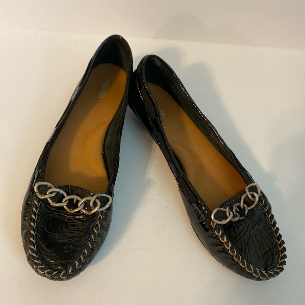 Nicole -  (Agnes) black patent leather flats w/silver buckle, Size: 6.5